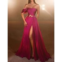 Sheath  Column Evening Gown High Split Dress Formal Sweep  Brush Train Sleeveless One Shoulder Chiffon with Bow(s) Slit 2023 Lightinthebox - thumbnail