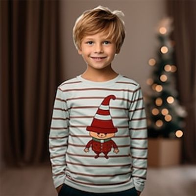 Christmas Boys 3D Santa Claus Stripe Tee Shirt Long Sleeve 3D Print Fall Winter Sports Fashion Streetwear Polyester Kids 3-12 Years Crew Neck Outdoor Casual Daily Regular Fit miniinthebox