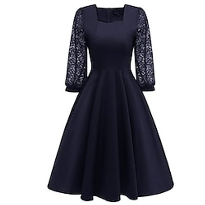 Women's Velvet Dress Party Dress Wedding Guest Dress Midi Dress Dark Blue 34 Length Sleeve Pure Color Lace Spring Fall Winter Square Neck Fashion Winter Dress Wedding Guest Evening Party 2023 S M L Lightinthebox