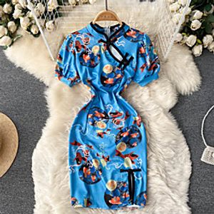 Women's Bodycon Short Mini Dress Blue Pink Short Sleeve Floral Animal Split Print Spring Summer Stand Collar Elegant Vintage Traditional 2022 S M L miniinthebox