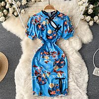 Women's Bodycon Short Mini Dress Blue Pink Short Sleeve Floral Animal Split Print Spring Summer Stand Collar Elegant Vintage Traditional 2022 S M L miniinthebox - thumbnail