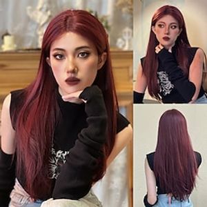 Synthetic Lace Wig Straight Style 24 inch Burgundy Middle Part T Part Wig Women Wig Wine Red miniinthebox