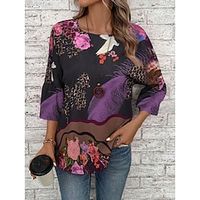 Women's T shirt Tee Leopard Floral Blue Purple Green Print 34 Length Sleeve Daily Weekend Fashion Round Neck Regular Fit Spring   Fall Lightinthebox - thumbnail