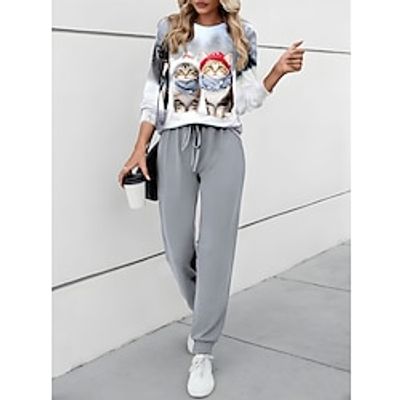 Women's Sweatshirt Tracksuit Pants Sets Cat 3D Print White Blue Gray Print Drawstring Long Sleeve Outdoor Casual Sports Daily Round Neck Regular Fit Spring   Fall Lightinthebox