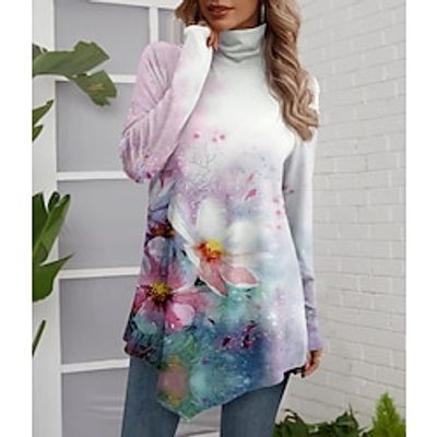 Women's T shirt Tee Floral Pink Print Asymmetrical Long Sleeve Holiday Weekend Fashion Turtleneck High Neck Regular Fit Spring   Fall Lightinthebox