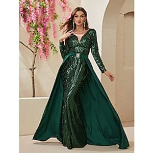 Mermaid  Trumpet Evening Gown Sparkle  Shine Dress Formal Wedding Sweep  Brush Train Long Sleeve V Neck Detachable Polyester with Sequin Overskirt 2023 Lightinthebox