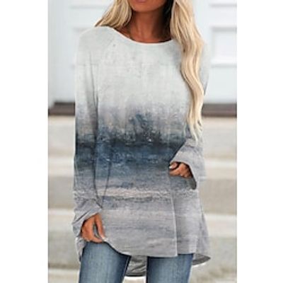 Women's Tunic Shirts T shirt Tee Tunic Brown Gray Graphic Print Long Sleeve Daily Weekend Basic Vintage Round Neck Long Abstract Painting S Lightinthebox