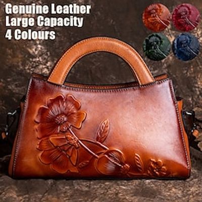 Women's Handbag Crossbody Bag Shoulder Bag Dome Bag Hand painted leather carving with genuine leatherOutdoor Daily Holiday Zipper Flower Embossed Large Capacity Waterproof Durable Solid Color Flower miniinthebox
