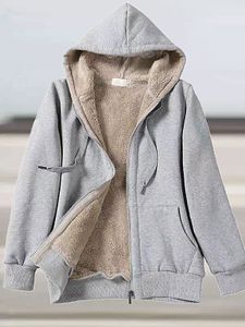 Casual Loose Solid Lambsool Zip Hooded Coat