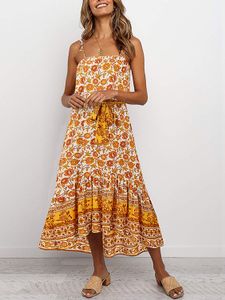 Tropical Backless Belted Lace-up Design Square Neck Sleeveless Dress