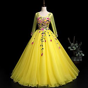 Ball Gown Elegant Floral Prom Formal Evening Dress Scoop Neck Long Sleeve Floor Length Tulle with Pleats Appliques 2021 miniinthebox