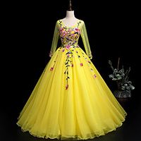 Ball Gown Elegant Floral Prom Formal Evening Dress Scoop Neck Long Sleeve Floor Length Tulle with Pleats Appliques 2021 miniinthebox - thumbnail