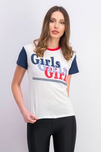 Womens Girls Print Graphic T-shirt  White/Navy/Red