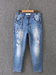 Casual Blue Holes Beading Denim Pants
