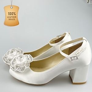 Women's Wedding Shoes Pumps Mary Jane Wedding Party Satin Flower Block Heel Round Toe Elegant Satin Ankle Strap White Lightinthebox