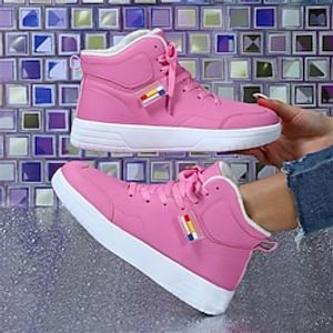 Women's Sneakers Boots Snow Boots Plus Size Daily Fleece Lined Booties Ankle Boots Flat Heel Round Toe Plush Casual Comfort Walking PU Lace-up White Pink Blue miniinthebox