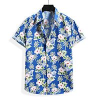 Men's Shirt Floral Graphic Print Short Sleeve Casual Tops Casual Tropical Beach Blue Black Lightinthebox - thumbnail