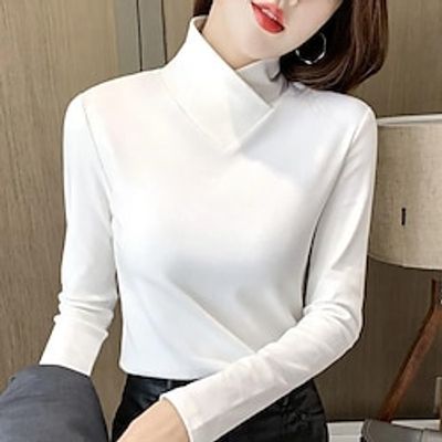 Women's Shirt Blouse Black White Pink Plain Long Sleeve Casual Fashion V Neck Regular Fit Spring   Fall Fall  Winter Lightinthebox