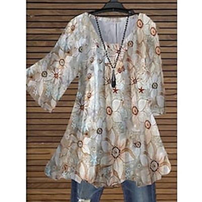 Women's Plus Size Tops Blouse Shirt Floral Print 34 Length Sleeve Crewneck Streetwear Daily Holiday Cotton Spandex Jersey Spring Summer White Apricot Lightinthebox