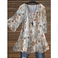 Women's Plus Size Tops Blouse Shirt Floral Print 34 Length Sleeve Crewneck Streetwear Daily Holiday Cotton Spandex Jersey Spring Summer White Apricot Lightinthebox - thumbnail