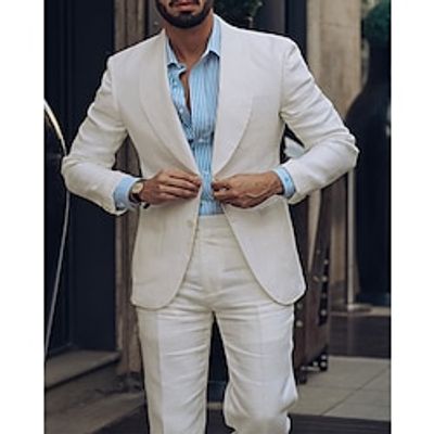 Beige Men's Beach Wedding Linen Suits Solid Colored 2 Piece Fashion Casual Tailored Fit Single Breasted Two-buttons 2024 Lightinthebox