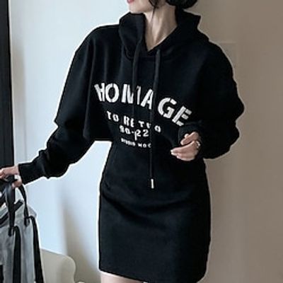 Women's Hoodie Dress Bodycon Black Long Sleeve Letter Hollow Out Winter Fall Hooded Casual Fall Dress Slim 2022 S M L XL / Winter Dress / Black Dress miniinthebox