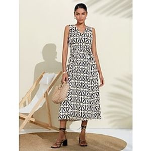 Women's Black and White Rhombus Plaid  Striped  Chevron  Round Drawstring V Neck Split Floral Style Elegant Dress Print Daily Wear Date Vacation Black S M L Lightinthebox