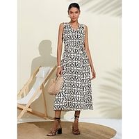 Women's Black and White Rhombus Plaid  Striped  Chevron  Round Drawstring V Neck Split Floral Style Elegant Dress Print Daily Wear Date Vacation Black S M L Lightinthebox - thumbnail