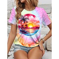 Women's T shirt Tee Tie Dye Vacation Pink Short Sleeve Tropical Hawaiian Crew Neck Summer Lightinthebox