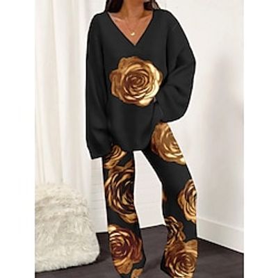 Women's Pajamas Sets LOVE Rose Fashion Soft Home Valentine's Day Daily Polyester Breathable V Wire Long Sleeve Pant Spring Black Yellow Lightinthebox