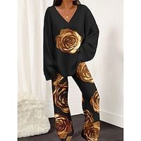 Women's Pajamas Sets LOVE Rose Fashion Soft Home Valentine's Day Daily Polyester Breathable V Wire Long Sleeve Pant Spring Black Yellow Lightinthebox - thumbnail