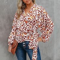 Women's Shirt Blouse Graphic Work Lantern Sleeve Red Lace up Print Long Sleeve Fashion V Neck Regular Fit Spring   Fall Lightinthebox