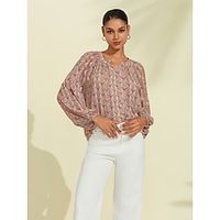 Women's Geometic Casual Daily Weekend Puff Balloon Sleeve Red Button Up Long Sleeve Blouses Crewneck Spring Fall Lightinthebox
