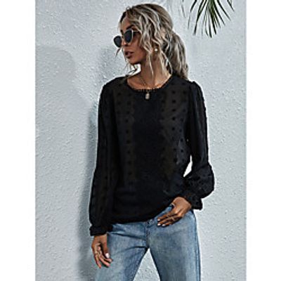 Women's Blouse Swiss Dot Blouse Shirt Plain Long Sleeve See Through Lace Round Neck Casual Streetwear Tops Black miniinthebox