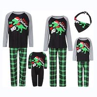 Family Look Christmas Pajamas Plaid Letter Dinosaur Home Green Long Sleeve Basic Matching Outfits miniinthebox - thumbnail