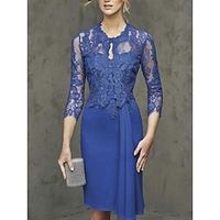 Two Piece Mother of the Bride Dress Wedding Guest Party Elegant Petite Jewel Neck Short  Mini Chiffon Lace 34 Length Sleeve with Draping Solid Color 2023 Lightinthebox - thumbnail