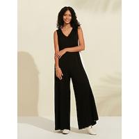 Women's Black Jumpsuit Elegant Modal Color Block V-Neck Sleeveless Wide Leg Jumpsuit