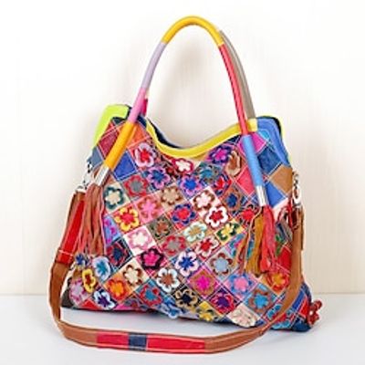 Women's Crossbody Bag Shoulder Bag Hobo Bag Cowhide Daily Holiday Tassel Zipper Color Block Flower Rainbow Lightinthebox