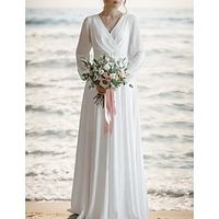 Beach Little White Dresses Wedding Dresses A-Line V Neck Long Sleeve Floor Length Chiffon Bridal Gowns With Sash  Ribbon Pleats 2024 Lightinthebox - thumbnail