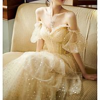 A-Line Sparkle Vintage Engagement Formal Evening Dress Sweetheart Neckline Short Sleeve Floor Length Tulle with Sequin 2021 miniinthebox - thumbnail