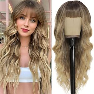 Blonde Wig with Bangs for Women Long Ombre Blonde Wavy Wigs with Dark Root Curly Synthetic Wig Natural Looking Hair Heat Resistant Wigs for Daily Party Use miniinthebox