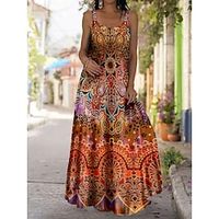 Women's Long Dress Maxi Dress Swing Dress Summer Dress Boho Dress Tribal Fashion Bohemian Vacation Beach Weekend Print Sleeveless Strap Dress Loose Fit Yellow Red Spring Summer S M L XL XXL miniinthebox - thumbnail