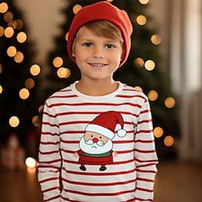 Christmas Boys 3D Santa Claus Stripe Tee Shirt Long Sleeve 3D Print Fall Winter Sports Fashion Streetwear Polyester Kids 3-12 Years Crew Neck Outdoor Casual Daily Regular Fit miniinthebox