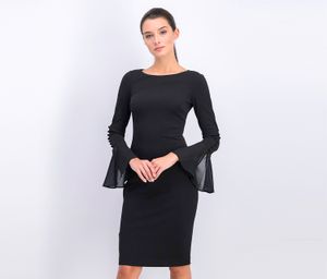 Womens Chiffon-Bell-Sleeve Sheath Dress  Black