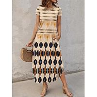 Women's Elegant Dress Geometric Split Print Crew Neck Long Dress Maxi Dress Short Sleeve Summer Lightinthebox