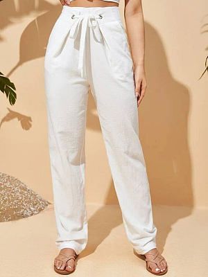 Casual Loose Solid Color Lace-Up Straight Pants