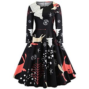 Women's A Line Dress Knee Length Dress Black Long Sleeve Color Block Print Fall Winter Round Neck Casual Vintage Christmas 2021 S M L XL XXL Lightinthebox