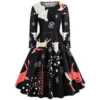Women's A Line Dress Knee Length Dress Black Long Sleeve Color Block Print Fall Winter Round Neck Casual Vintage Christmas 2021 S M L XL XXL Lightinthebox - thumbnail