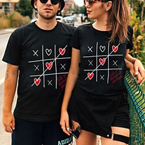 Women's Valentine's Day Painting Couple T shirt Heart Print Round Neck Basic Tops White Black miniinthebox