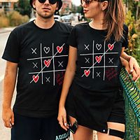 Women's Valentine's Day Painting Couple T shirt Heart Print Round Neck Basic Tops White Black miniinthebox - thumbnail